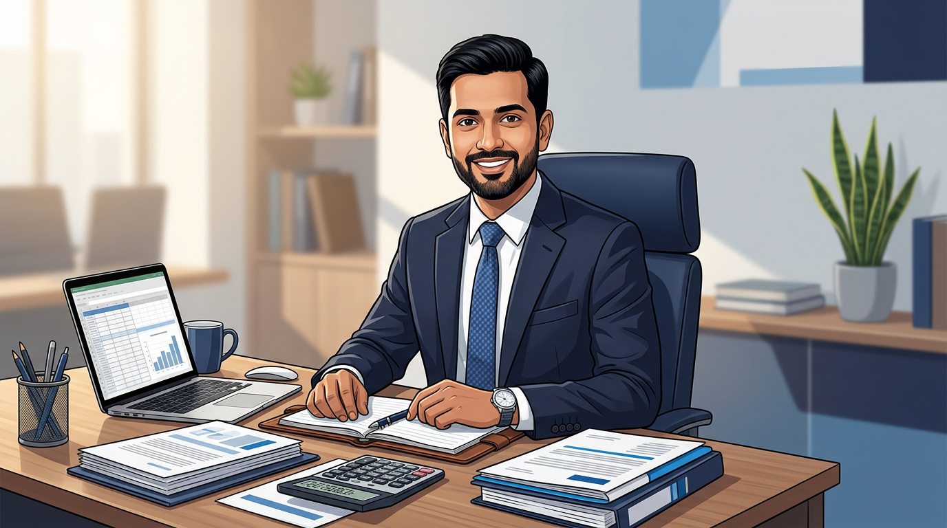 Professional accountant at work with documents and compliance tools